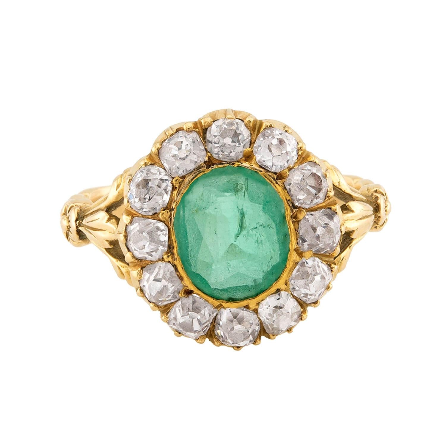 Victorian 18k Emerald and Diamond Halo Ring