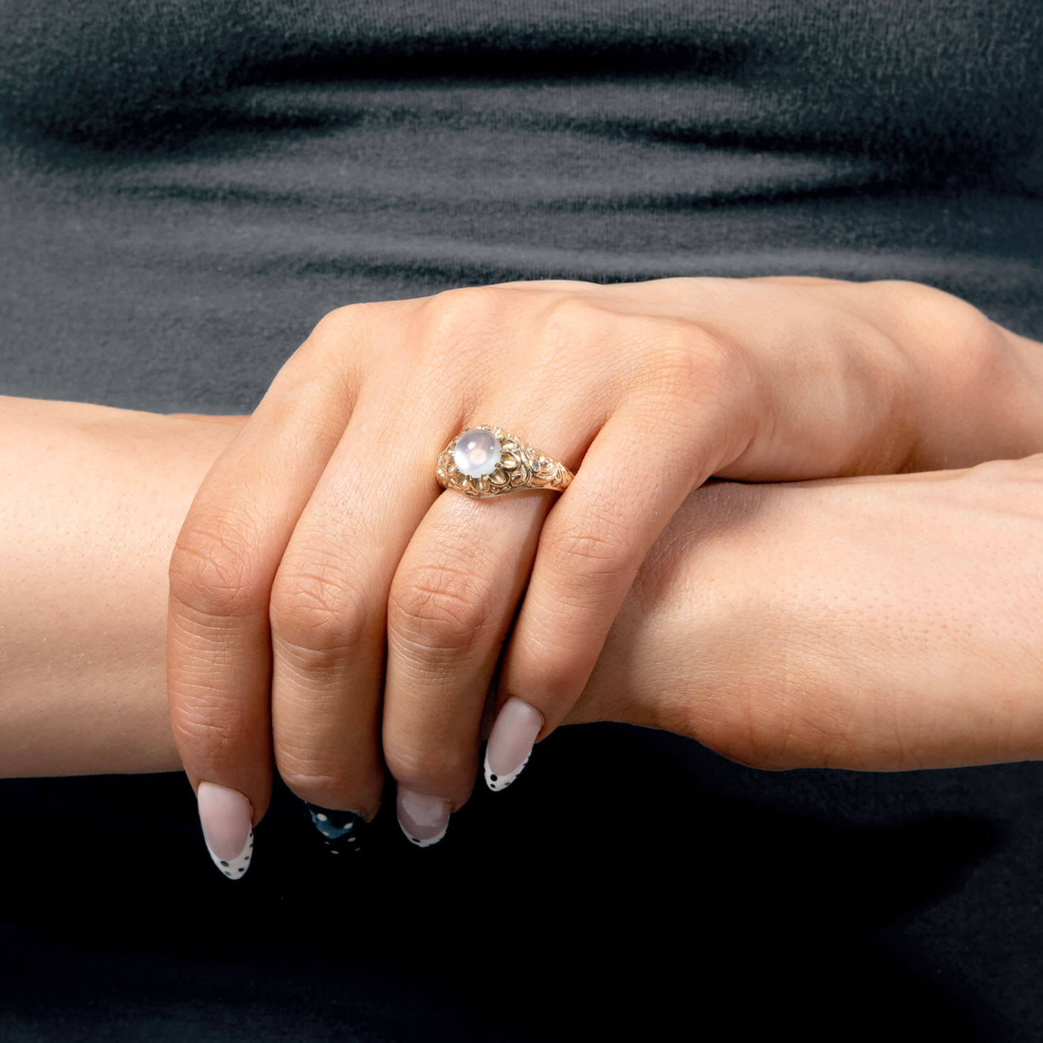 Victorian 14k Repousse Moonstone & Diamond Ring