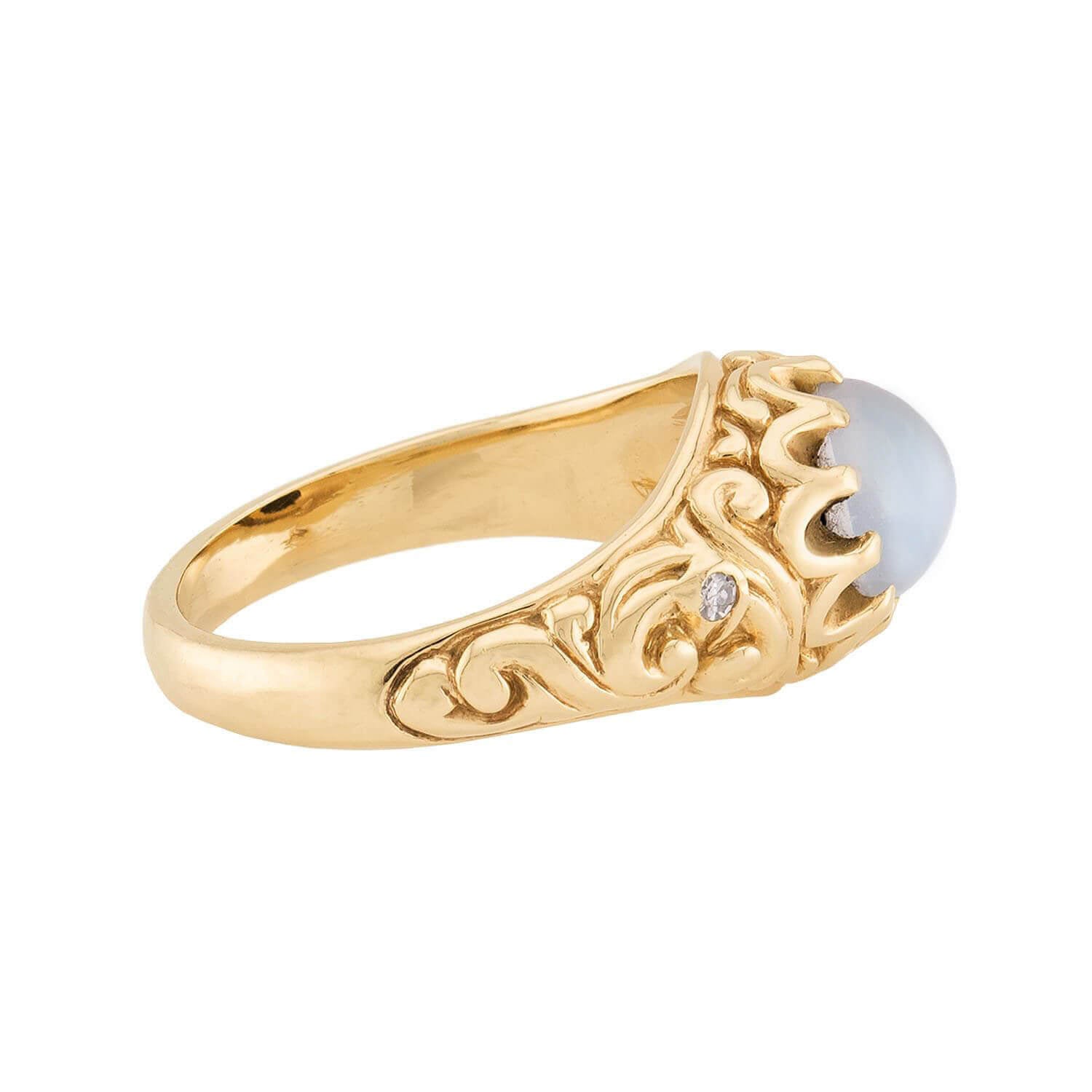 Victorian 14k Repousse Moonstone & Diamond Ring