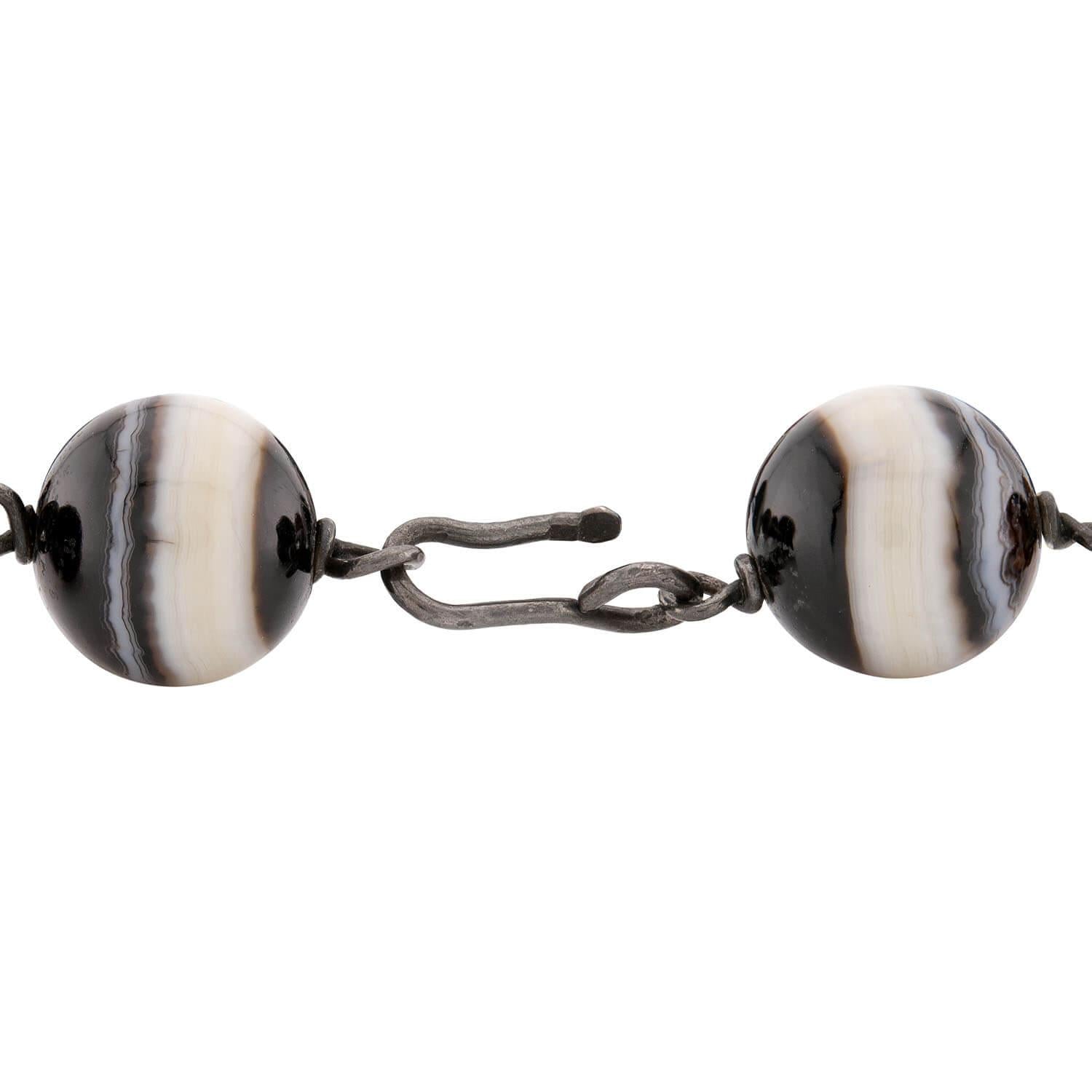 Victorian Sterling Silver Banded Agate Bead Necklace 20"