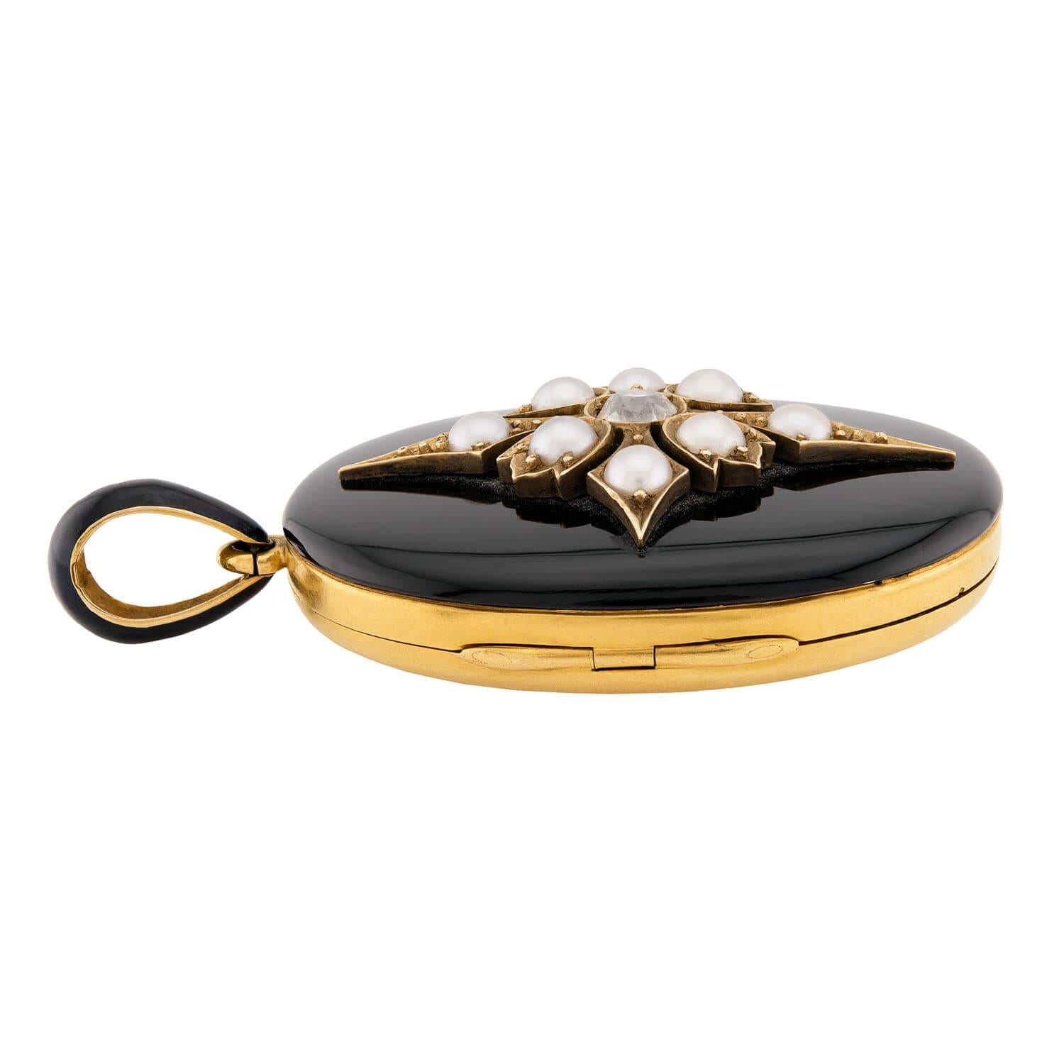 Victorian English 15k Enamel, Diamond, & Pearl Mourning Locket