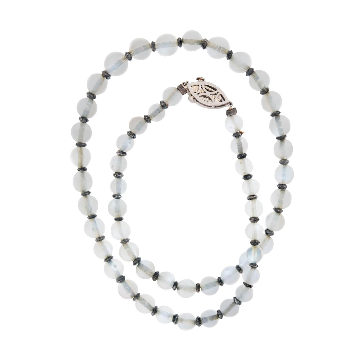 Edwardian Platinum Moonstone & Diamond Bead Necklace