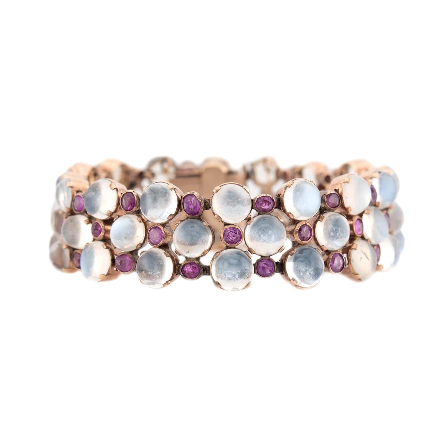 Retro 14k Moonstone and Sapphire Earring and Bracelet Set