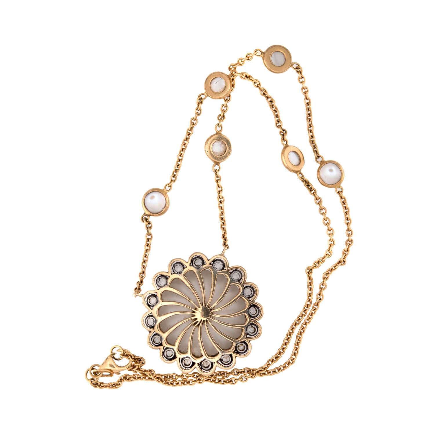 Estate 18k Moonstone, Rock Quartz Crystal, and White Sapphire Pendant Necklace