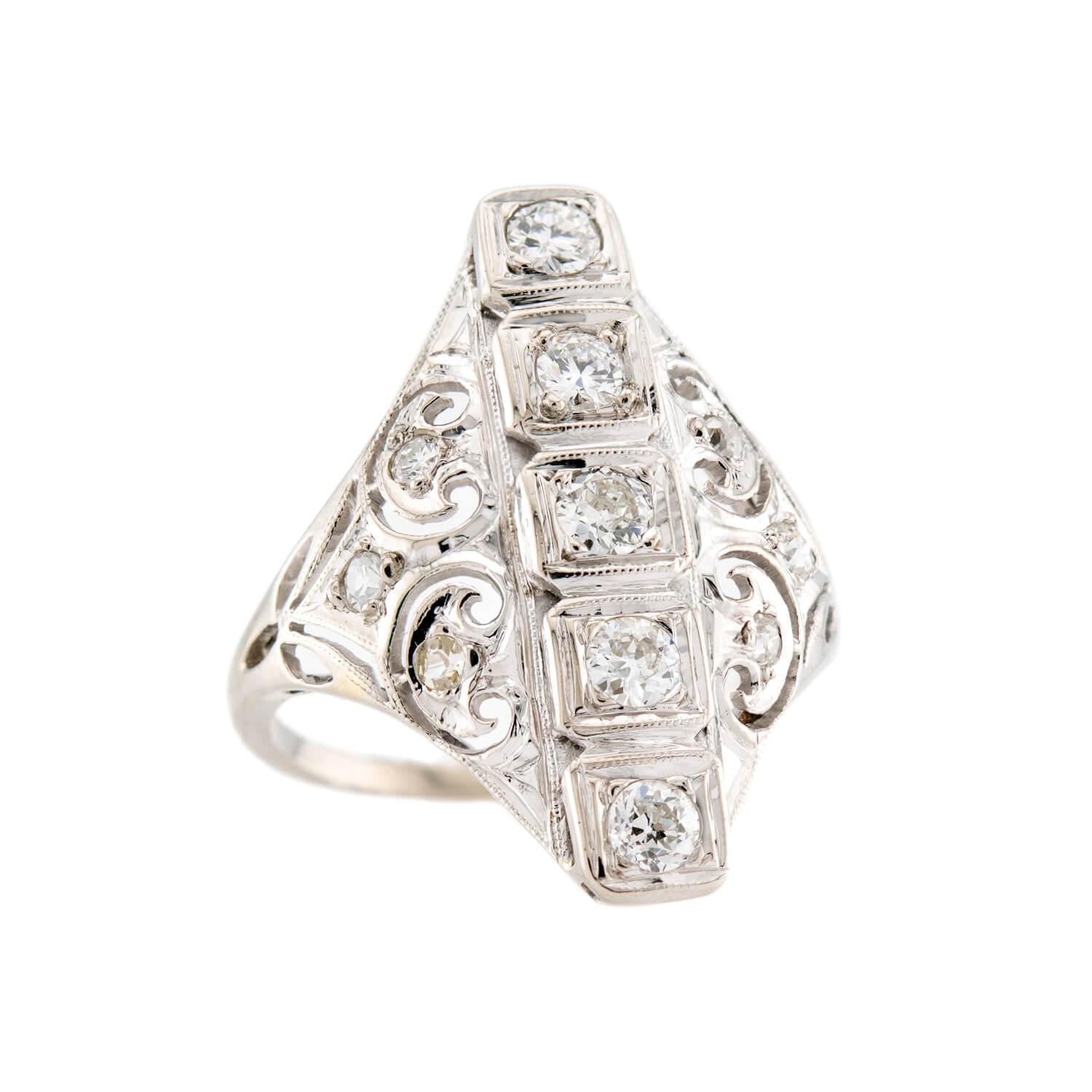 Retro 18k Diamond Navette Ring