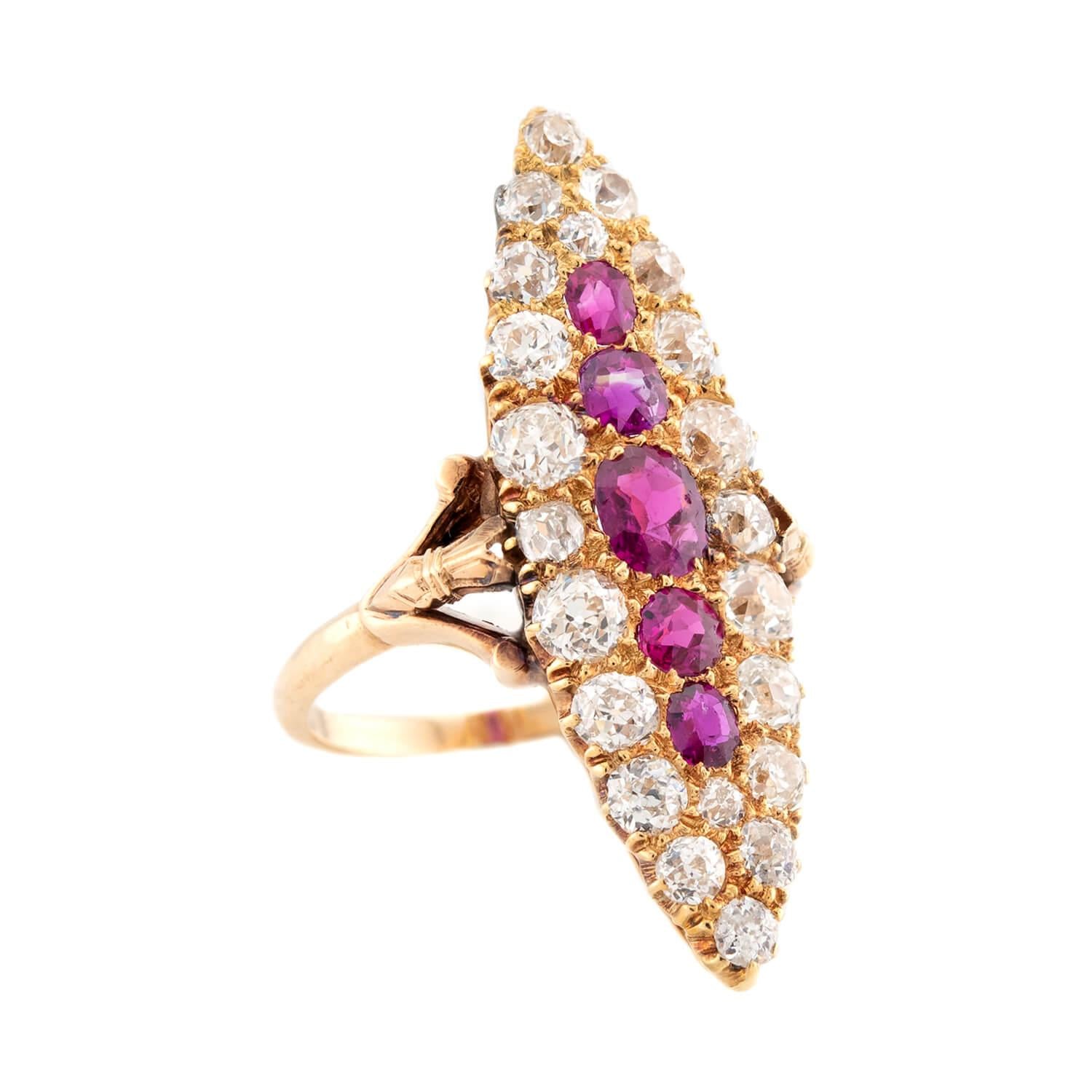 Victorian 14k Ruby & Diamond Navette Ring