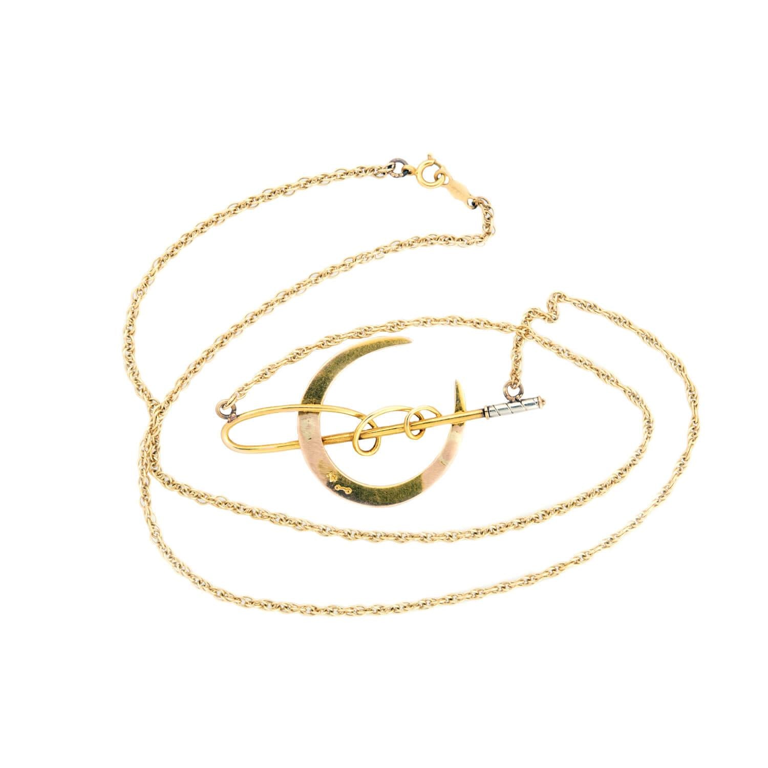 Art Nouveau 14k Horseshoe and Crop Pendant Necklace