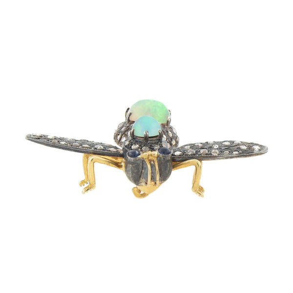 Estate Silver Gilt Opal + Diamond Fly Pin