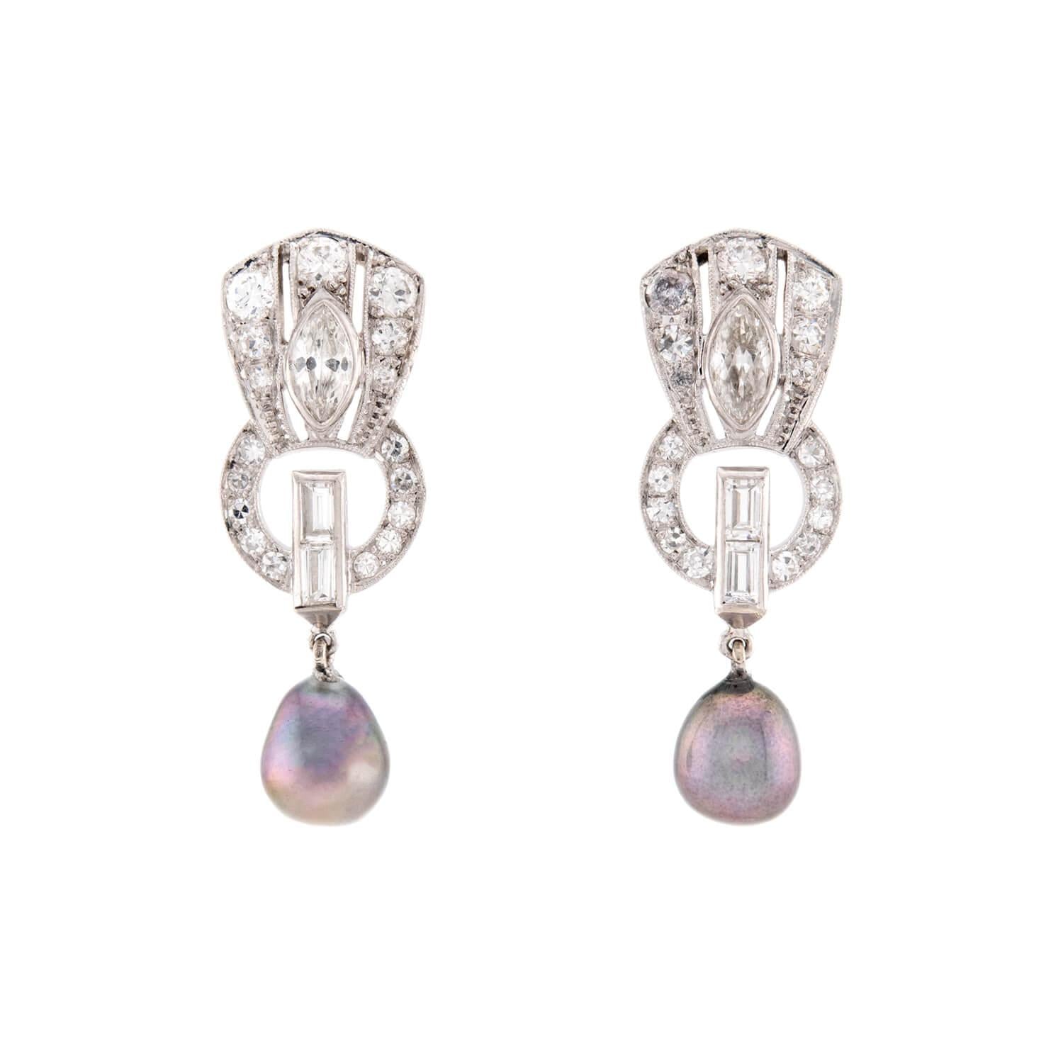 Art Deco Platinum/14K Diamond & Pearl Dangle Earrings