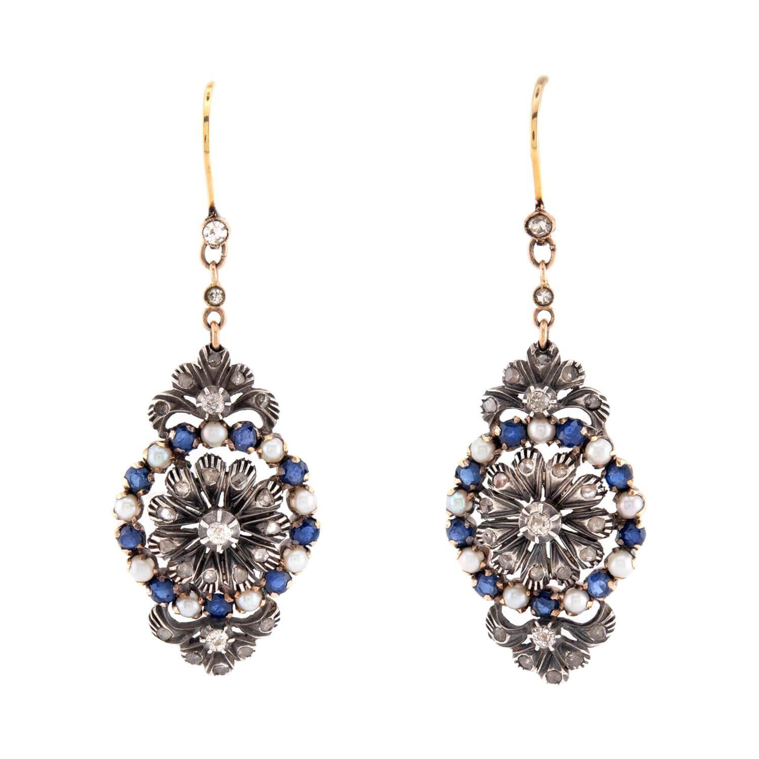Georgian 14k/Sterling Sapphire, Pearl, & Diamond Dangle Earrings