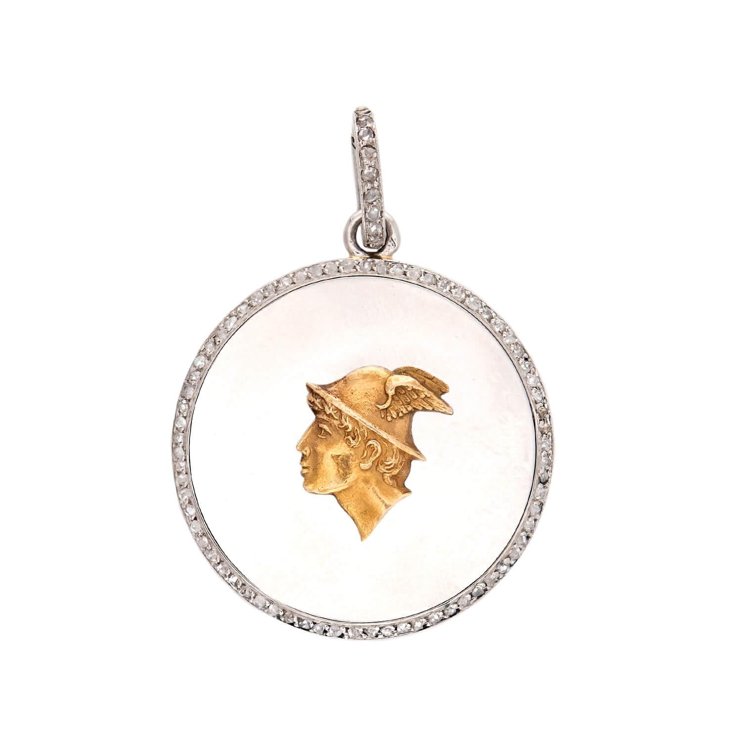 Edwardian 18k/Platinum Diamond Hermes-Motif Disc Pendant