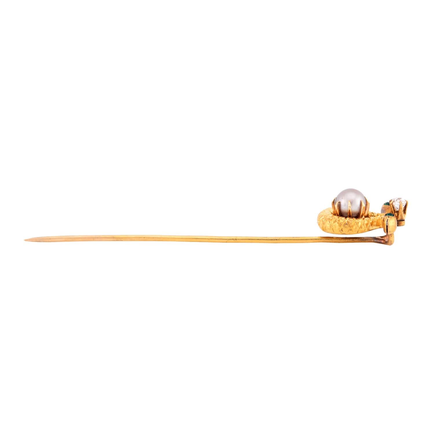 Victorian 14k Emerald, Diamond, & Pearl Snake Stick Pin