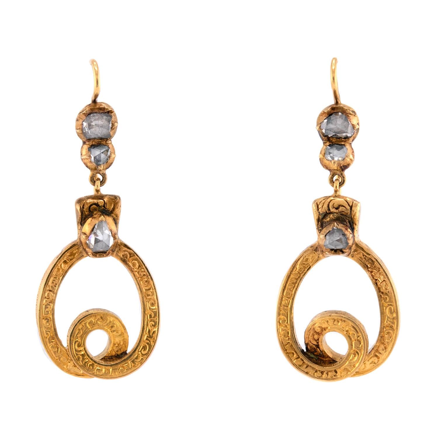 Victorian 14k Diamond Swirl-Motif Dangle Earrings