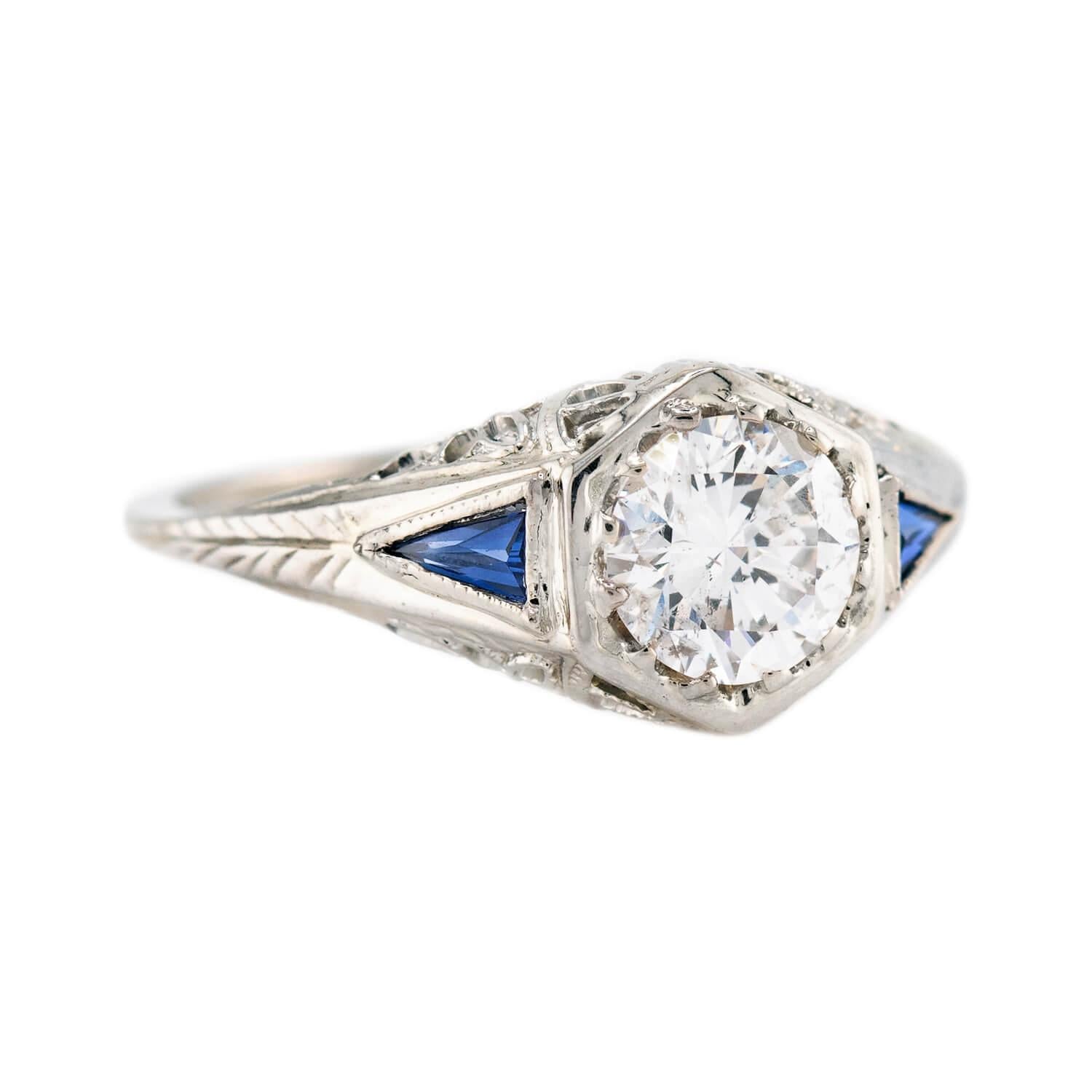 Art Deco 18k Diamond & Sapphire Engagement Ring .73ct