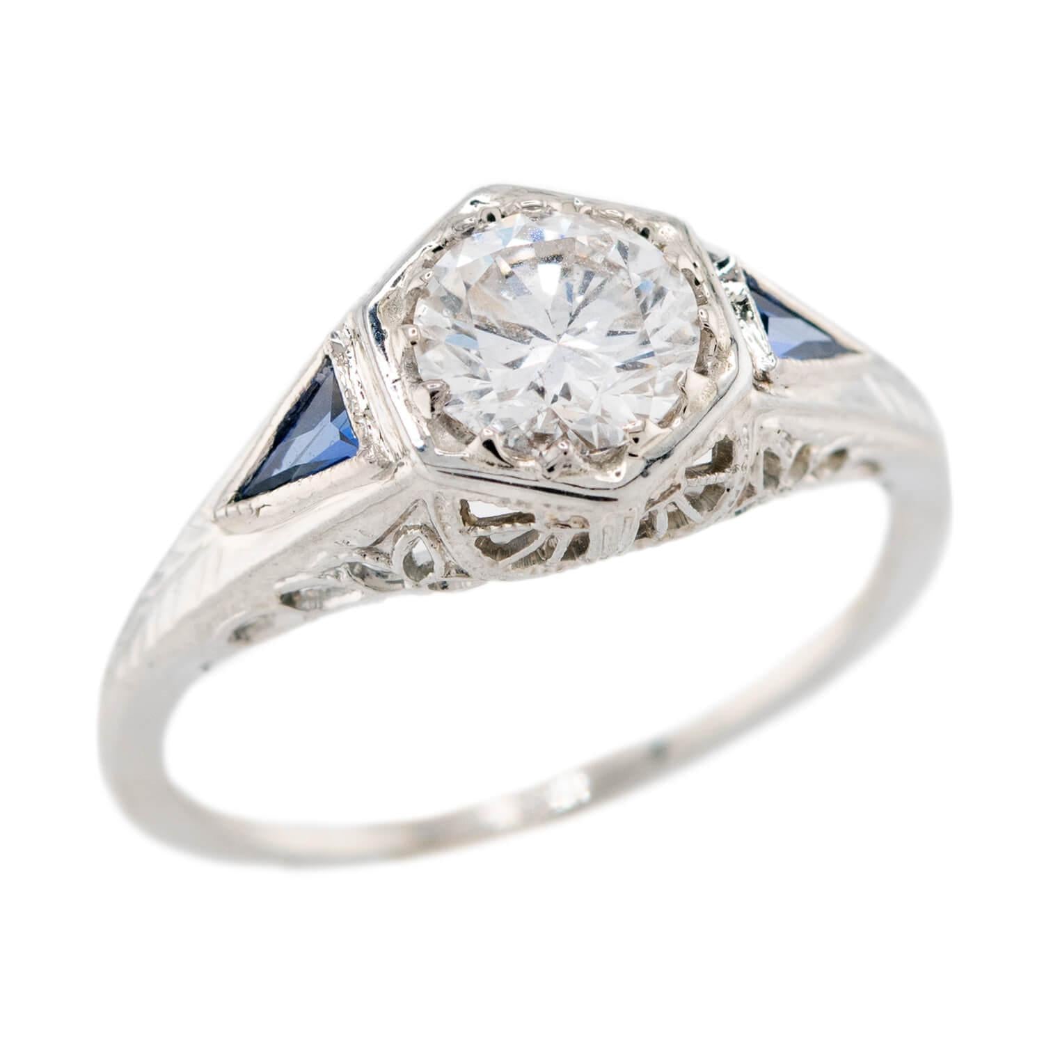 Art Deco 18k Diamond & Sapphire Engagement Ring .73ct