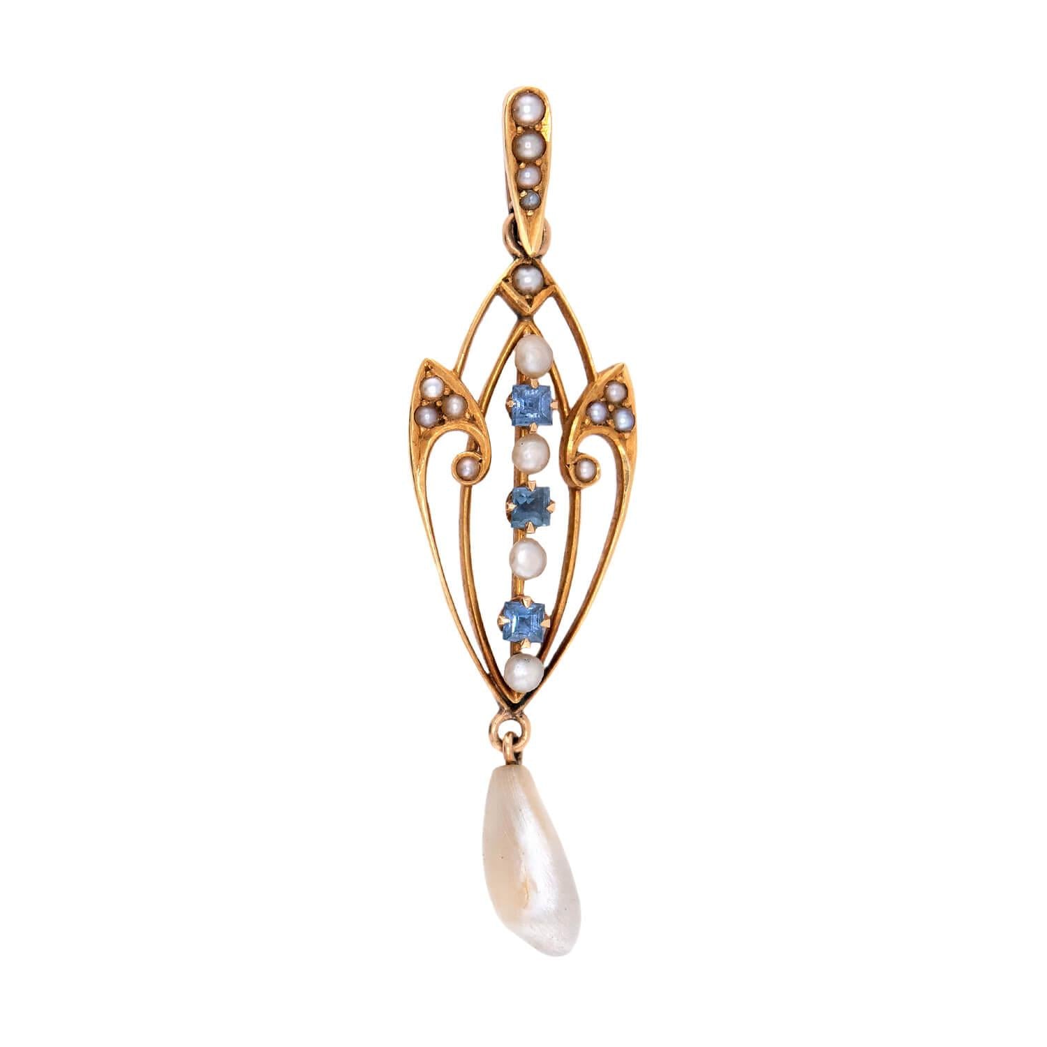 KREMENTZ & CO. Art Nouveau 14k Pearl & Sapphire Lavalier Pendant/Charm