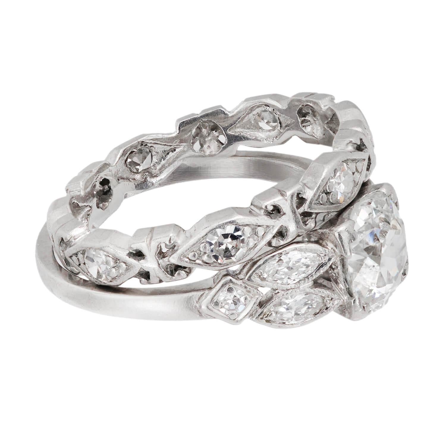 Art Deco Platinum Diamond Engagement Ring and Band Set .75ct