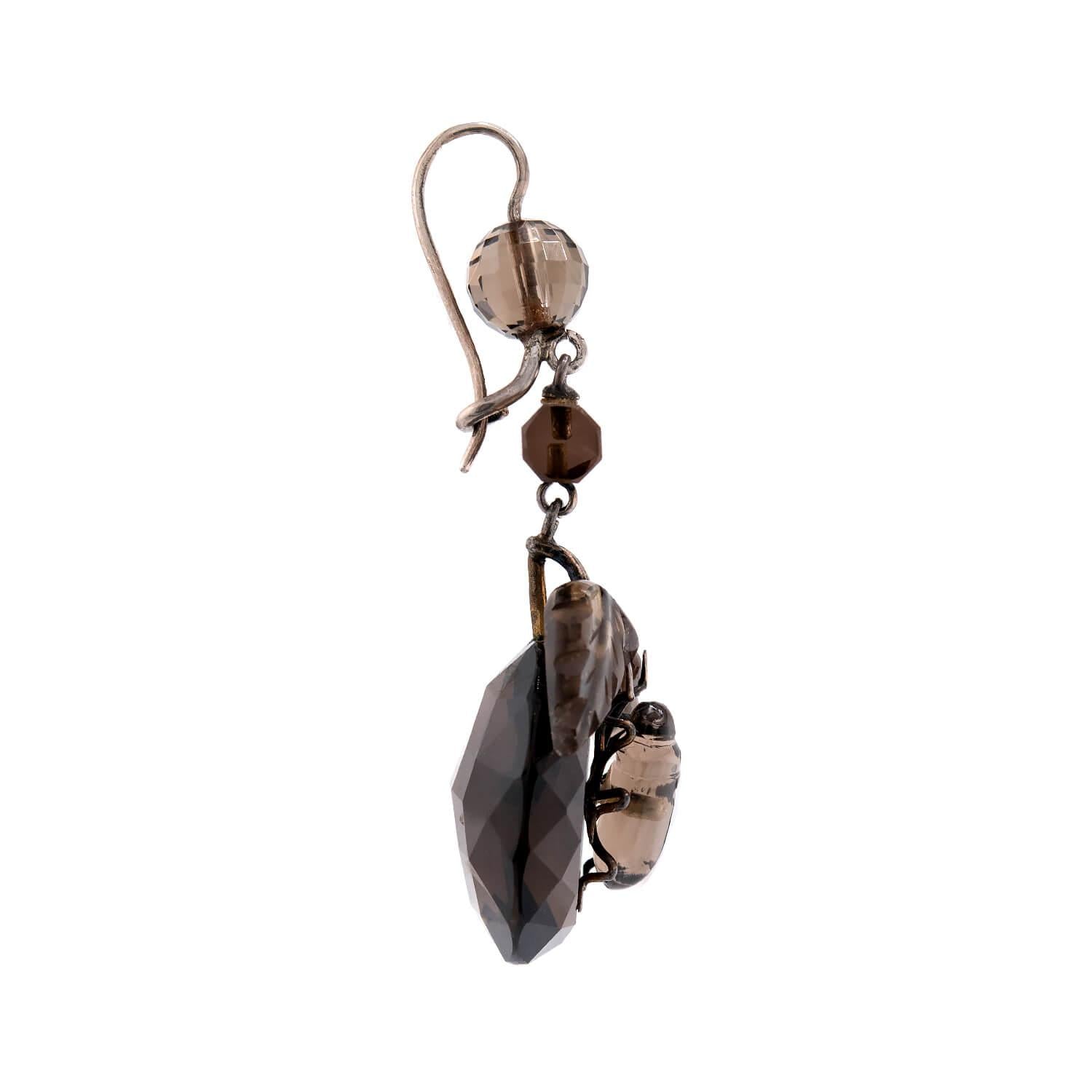 Victorian Sterling Silver Smoky Topaz Beetle-Motif Earrings
