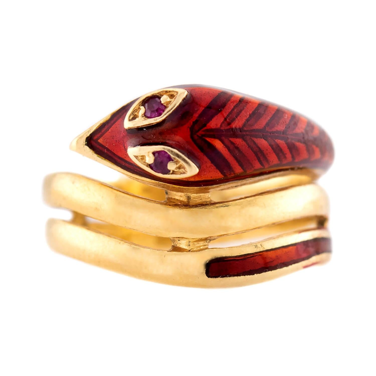 Estate 18k Ruby and Enamel Snake Ring