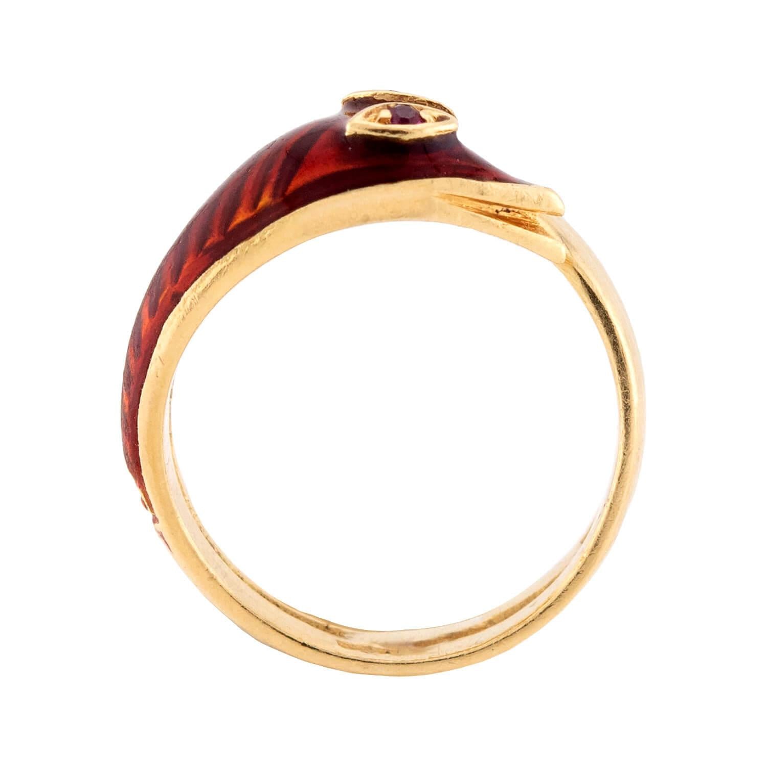 Estate 18k Ruby and Enamel Snake Ring