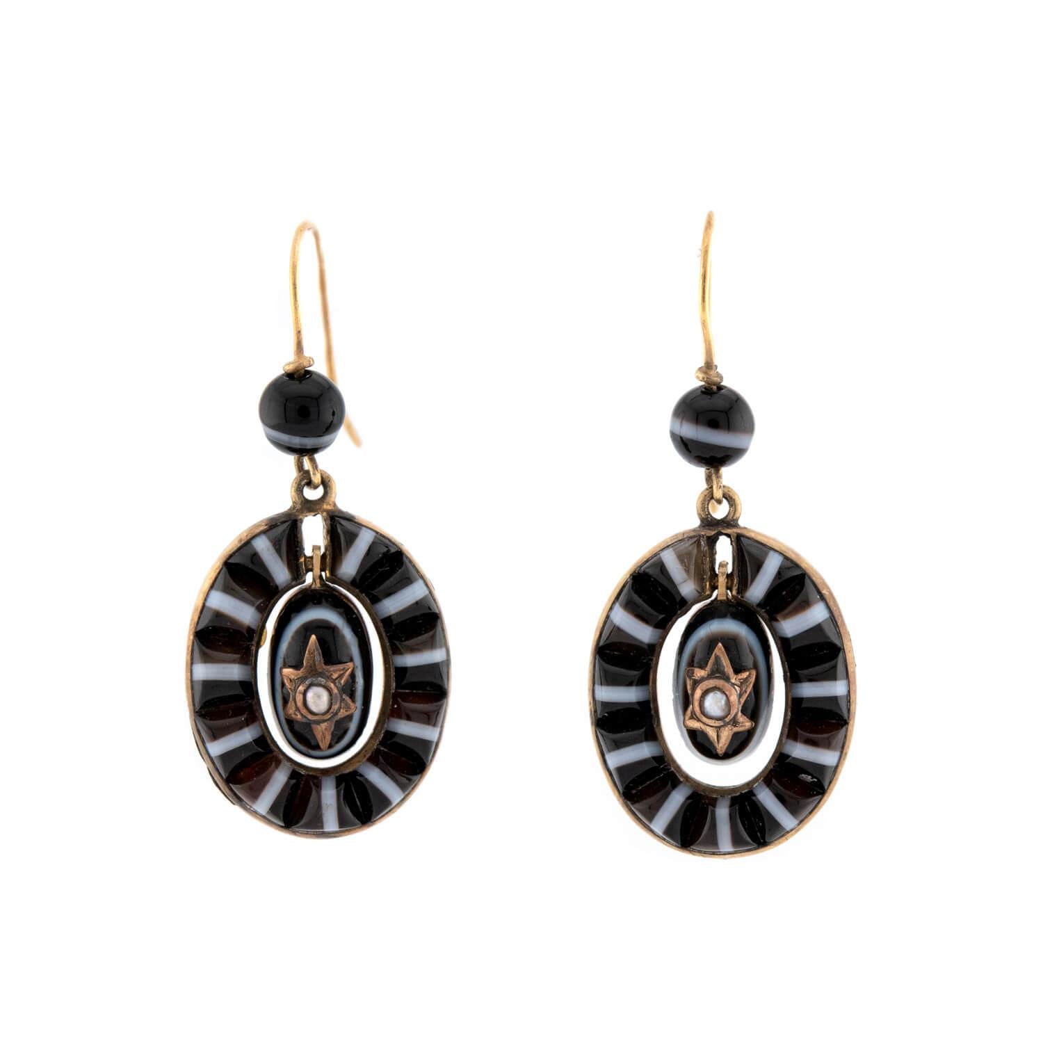 Victorian 14k Banded Agate & Pearl Disc Earrings