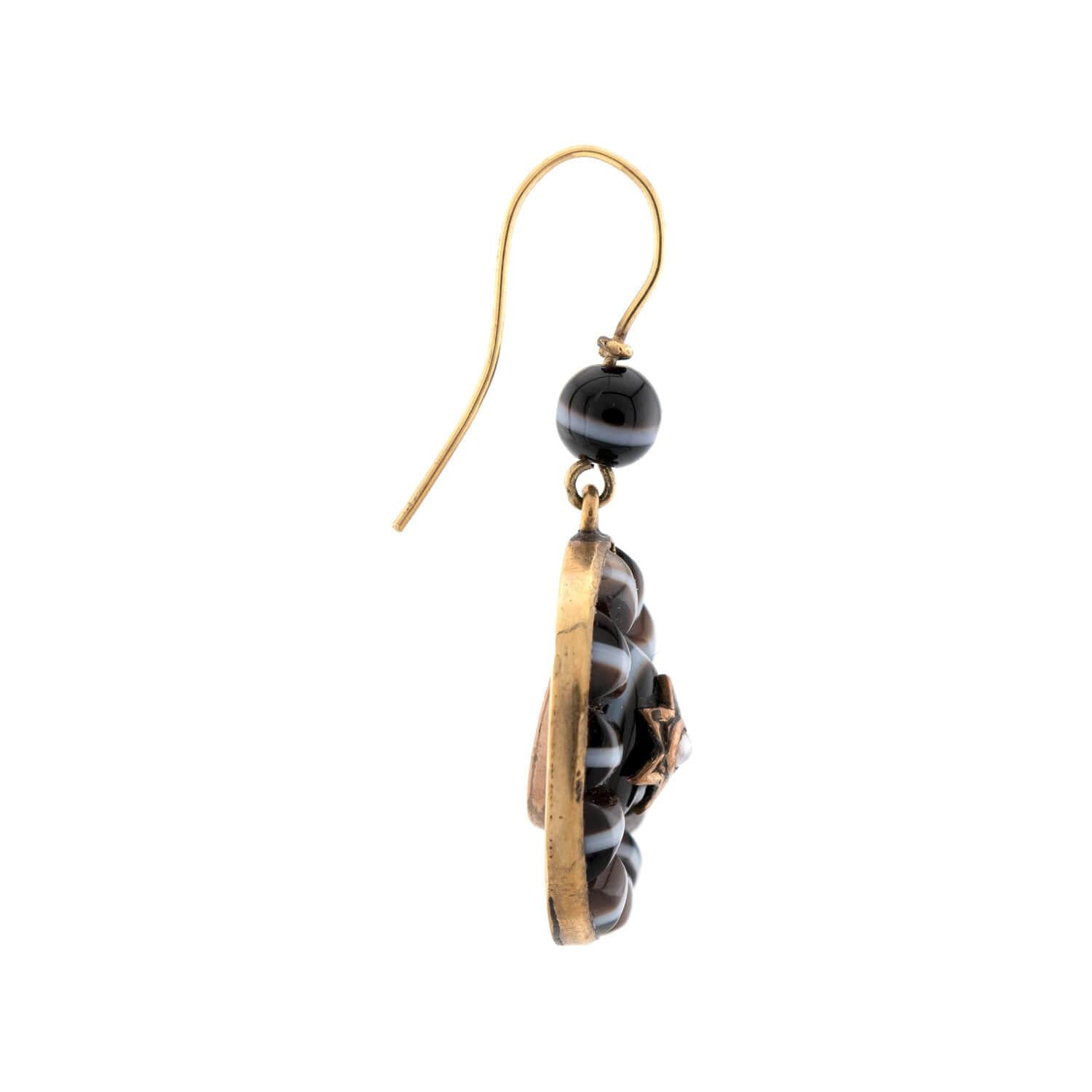 Victorian 14k Banded Agate & Pearl Disc Earrings
