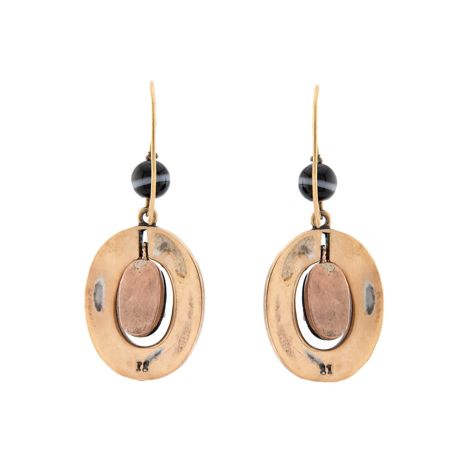 Victorian 14k Banded Agate & Pearl Disc Earrings