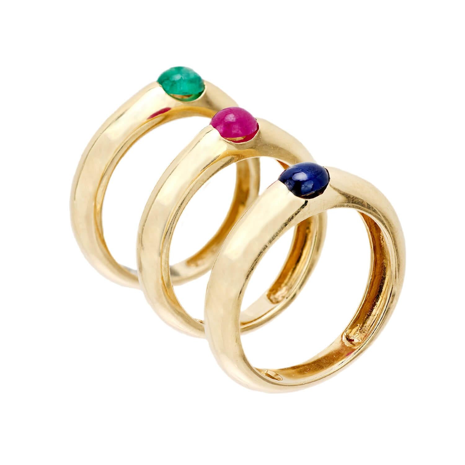 Estate 14k Sapphire, Ruby, & Emerald Three Band Set
