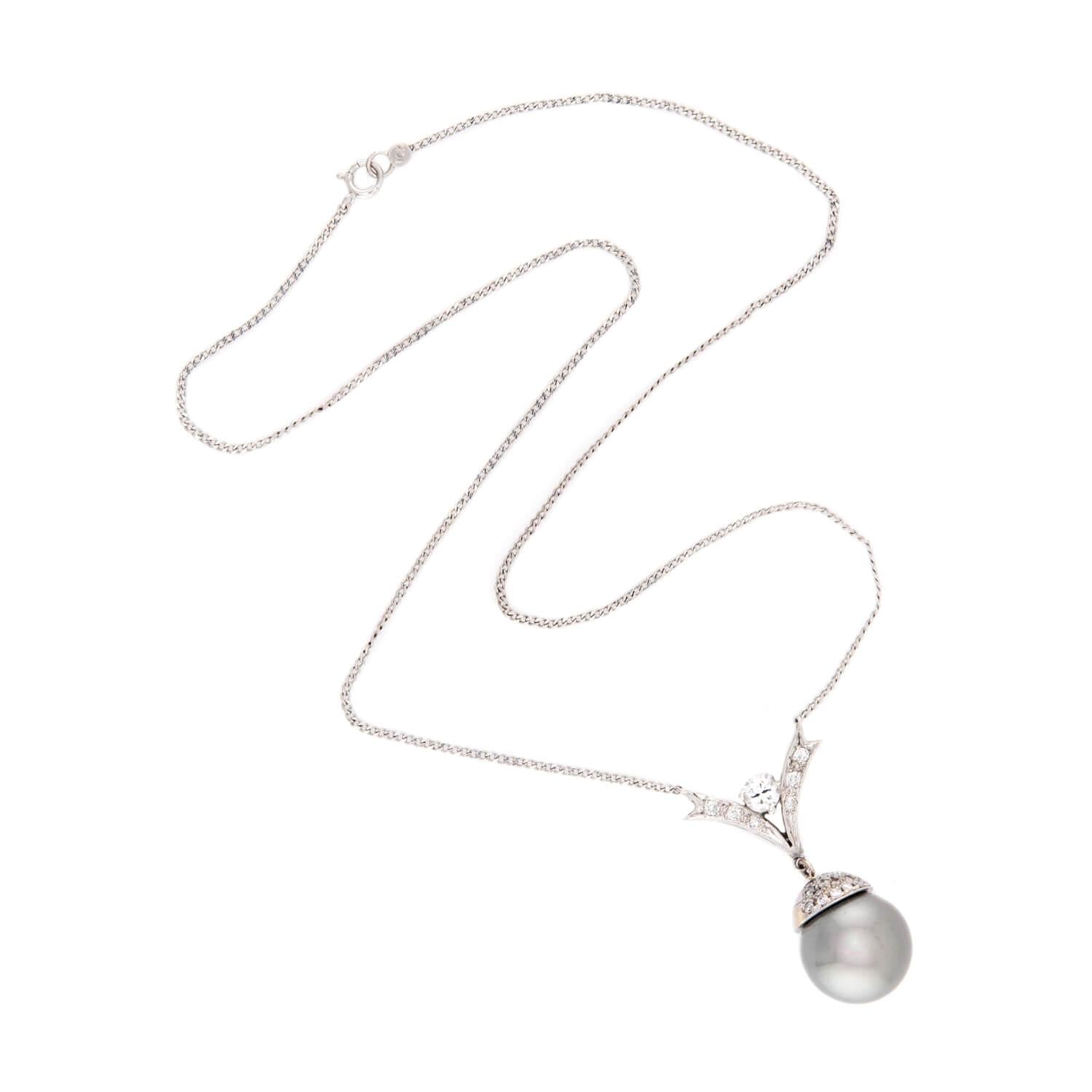 Estate 14k Tahitian Pearl & Diamond Pendant Necklace