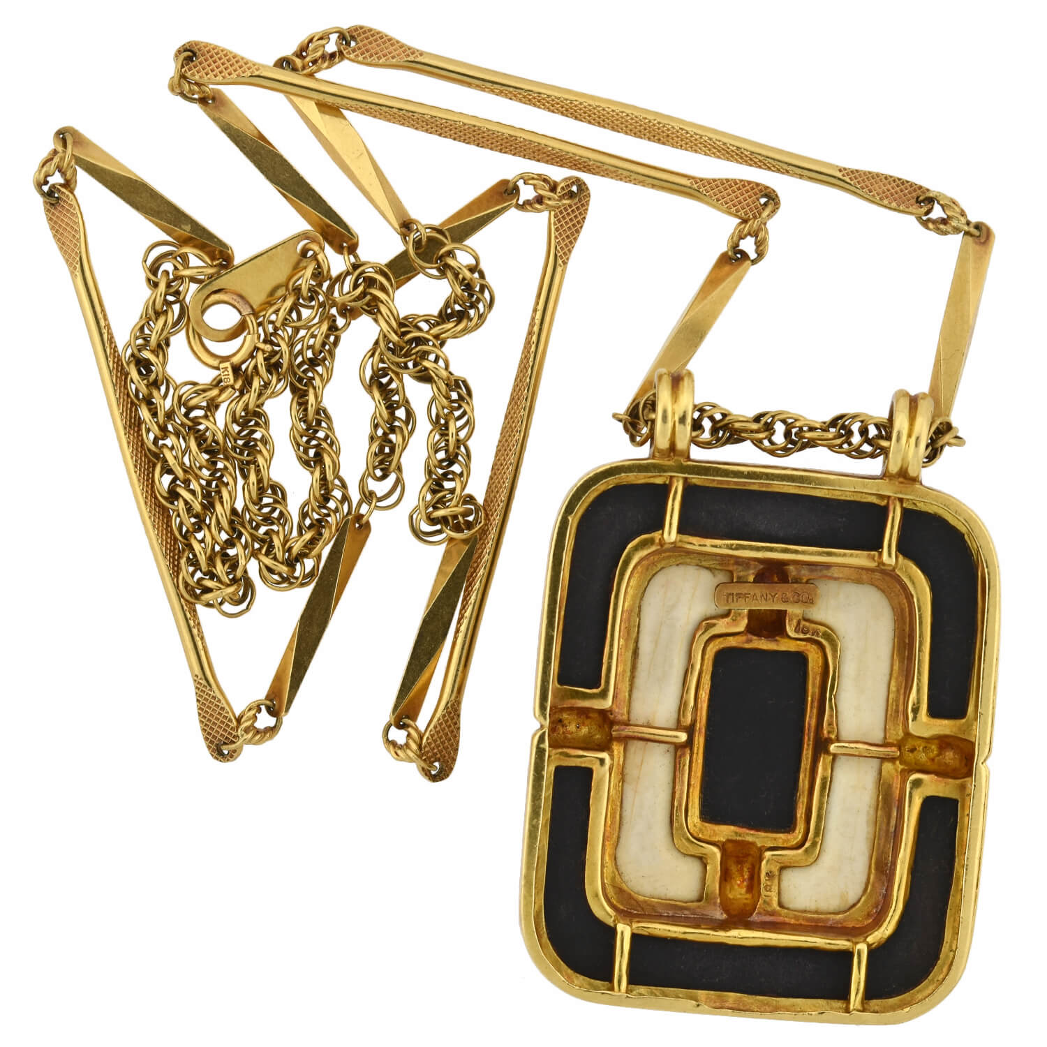 TIFFANY & Co. Ca. 1960 Large 18kt Onyx + Ivory Pendant Necklace 24.5"