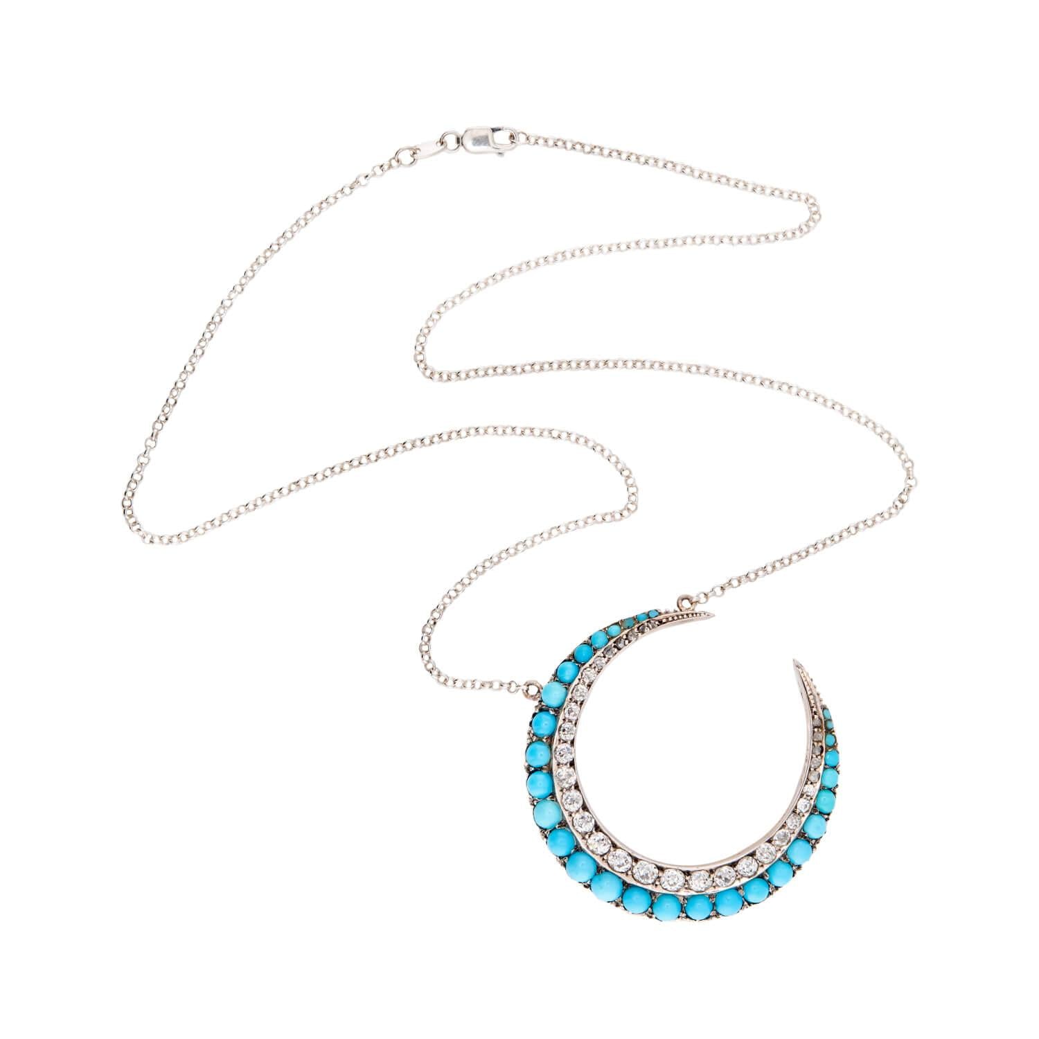 Victorian 18k/Sterling Silver Diamond & Turquoise Crescent Pendant Necklace