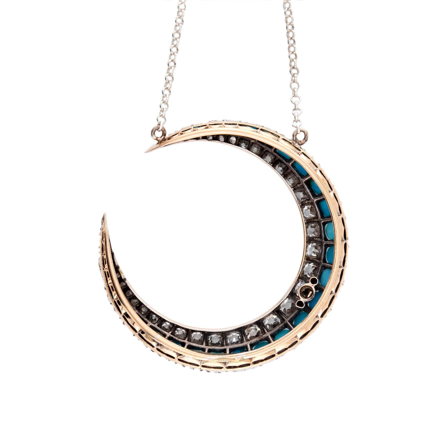 Victorian 18k/Sterling Silver Diamond & Turquoise Crescent Pendant Necklace