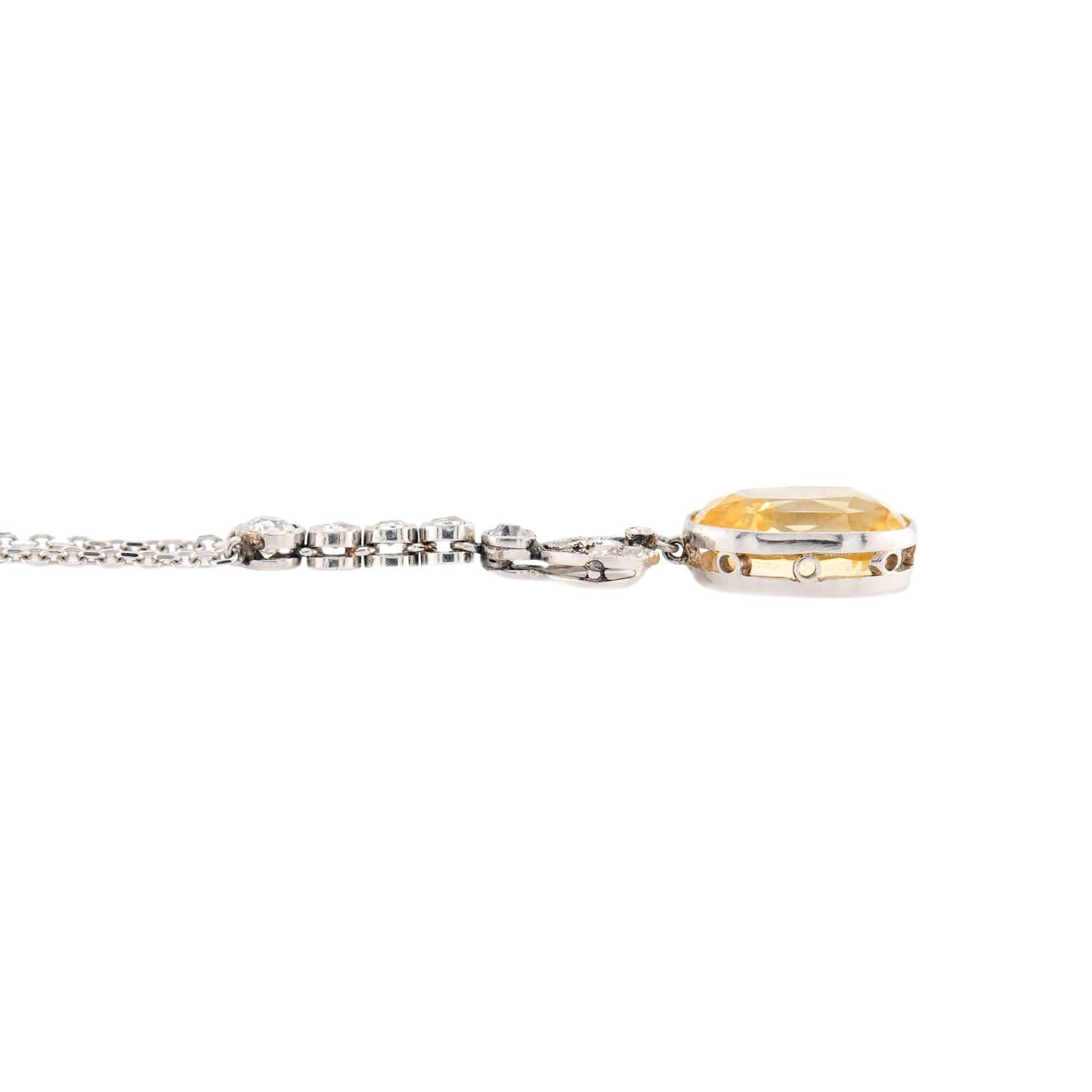Edwardian 14k GIA Yellow Sapphire and Diamond Pendant Necklace