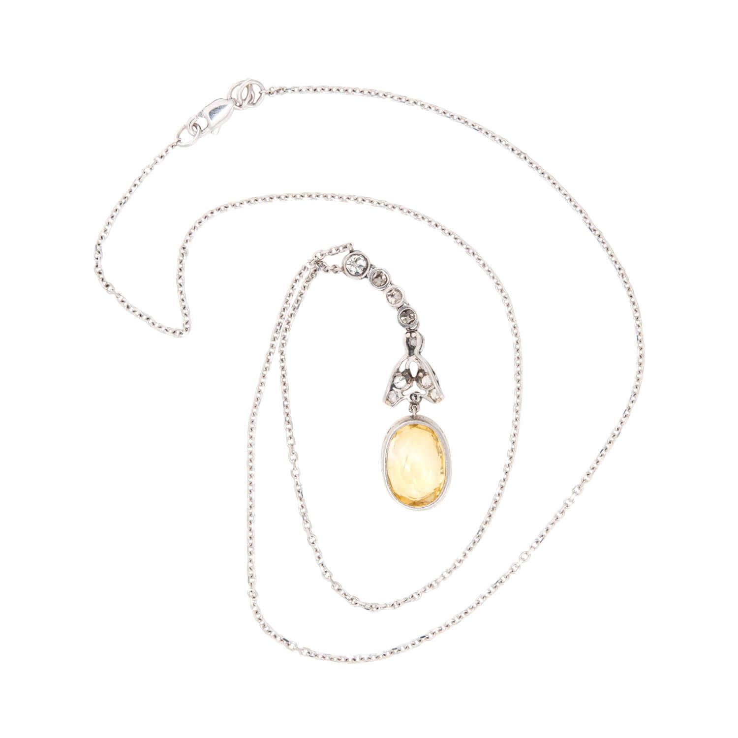 Edwardian 14k GIA Yellow Sapphire and Diamond Pendant Necklace