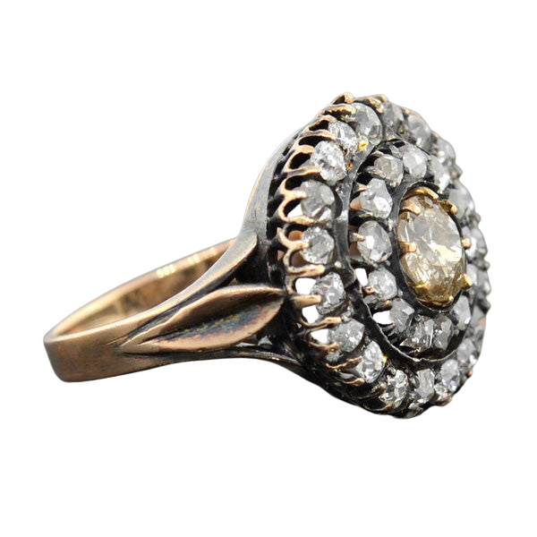 18kt Mine & Rose Cut Diamond Double Halo Cluster Ring 1.90ctw