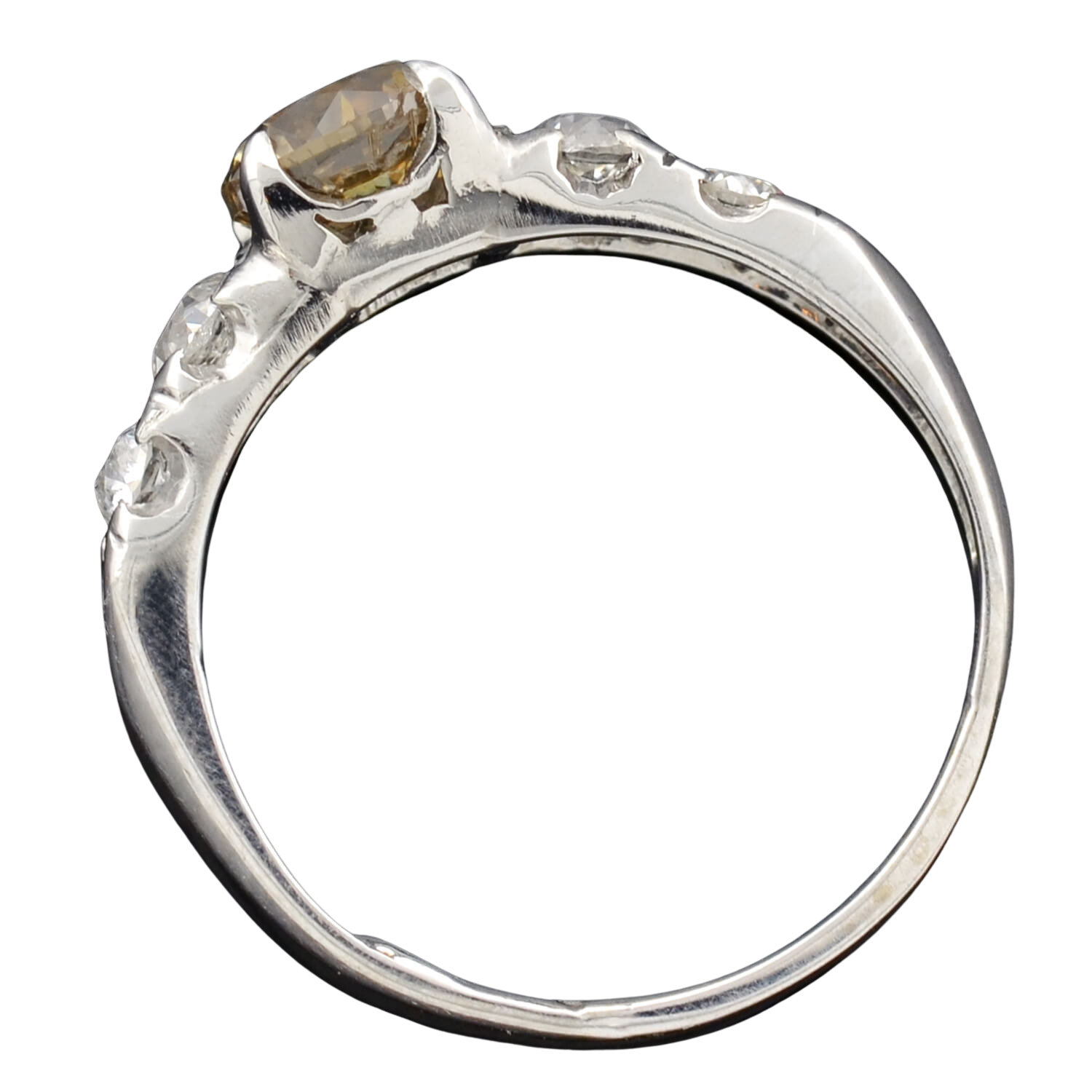 Late Art Deco Platinum Champagne Diamond Engagement Ring 1.09ct center