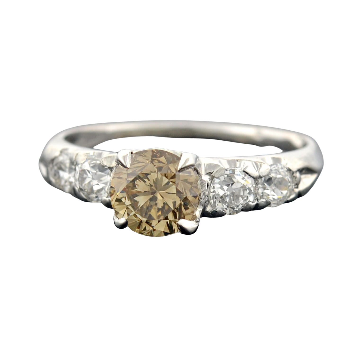 Late Art Deco Platinum Champagne Diamond Engagement Ring 1.09ct center