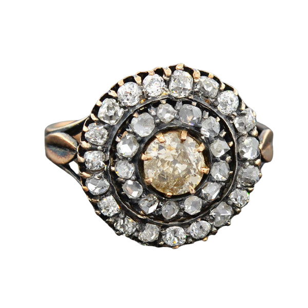 18kt Mine & Rose Cut Diamond Double Halo Cluster Ring 1.90ctw