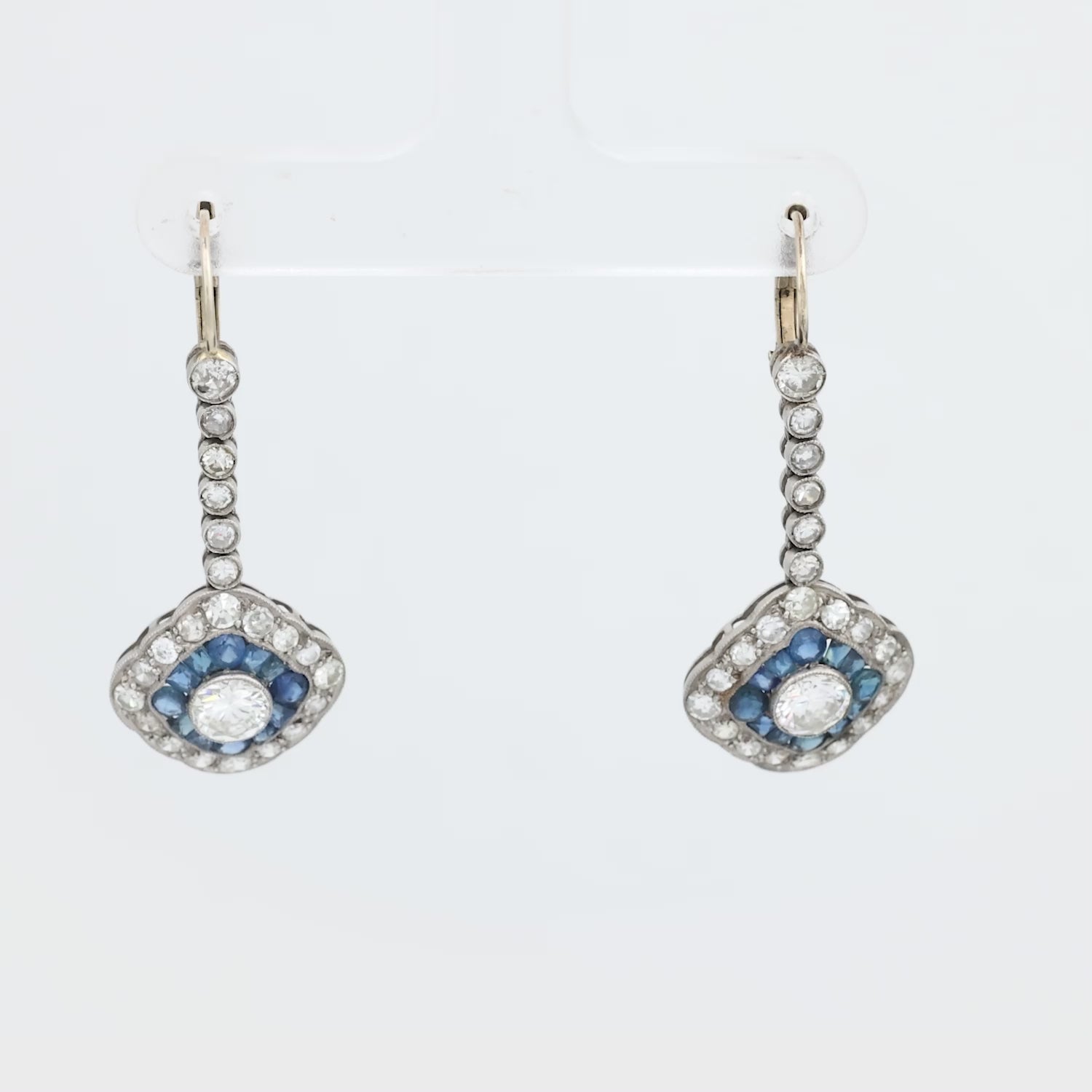 Art Deco 14K/Platinum Diamond & Sapphire Dangle Earrings