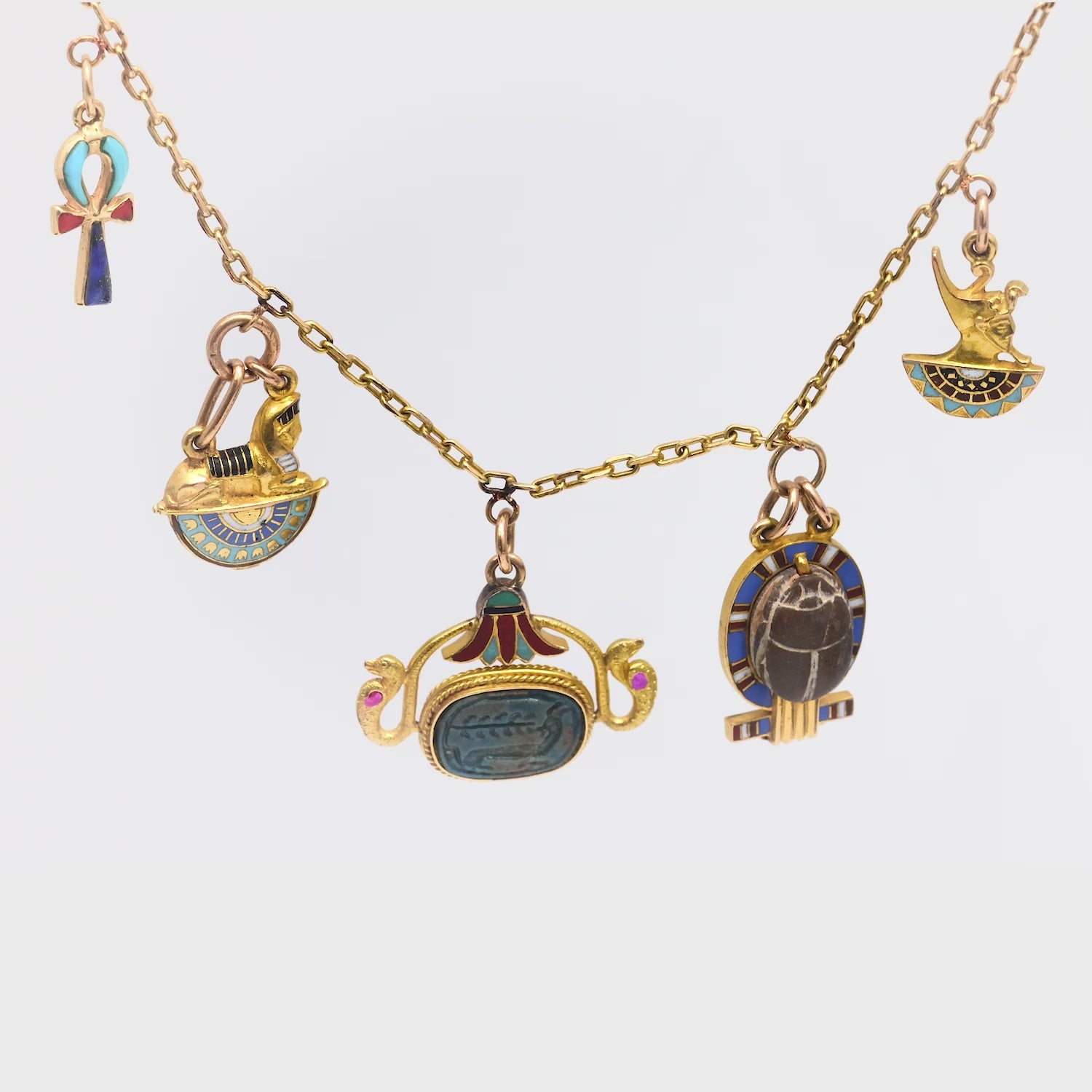 Art Deco 18k and Enamel Egyptian Charm Necklace