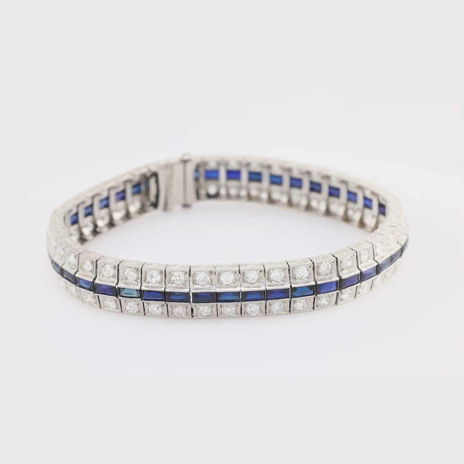 Art Deco Platinum Diamond and Sapphire Line Bracelet