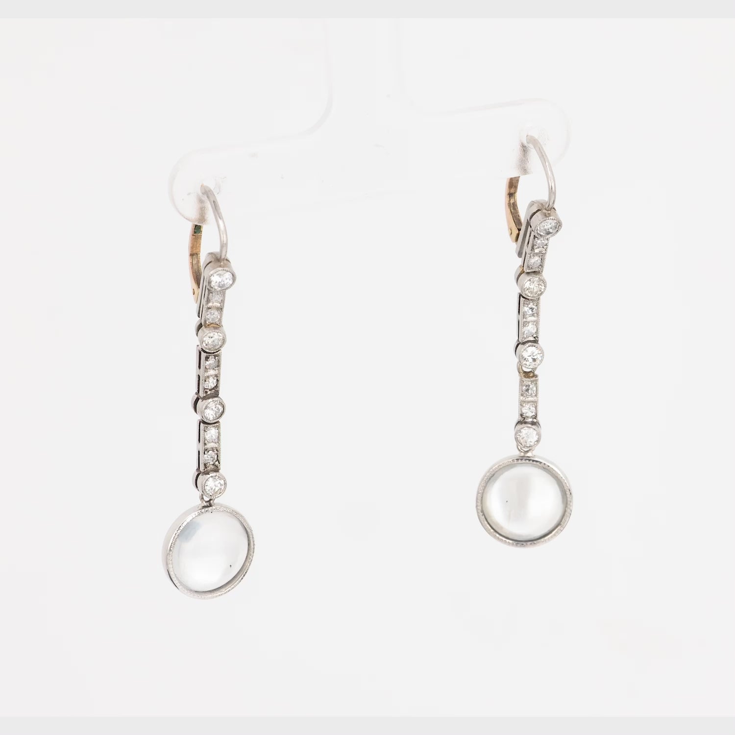 Edwardian 18k/Platinum Moonstone and Diamond Drop Earrings