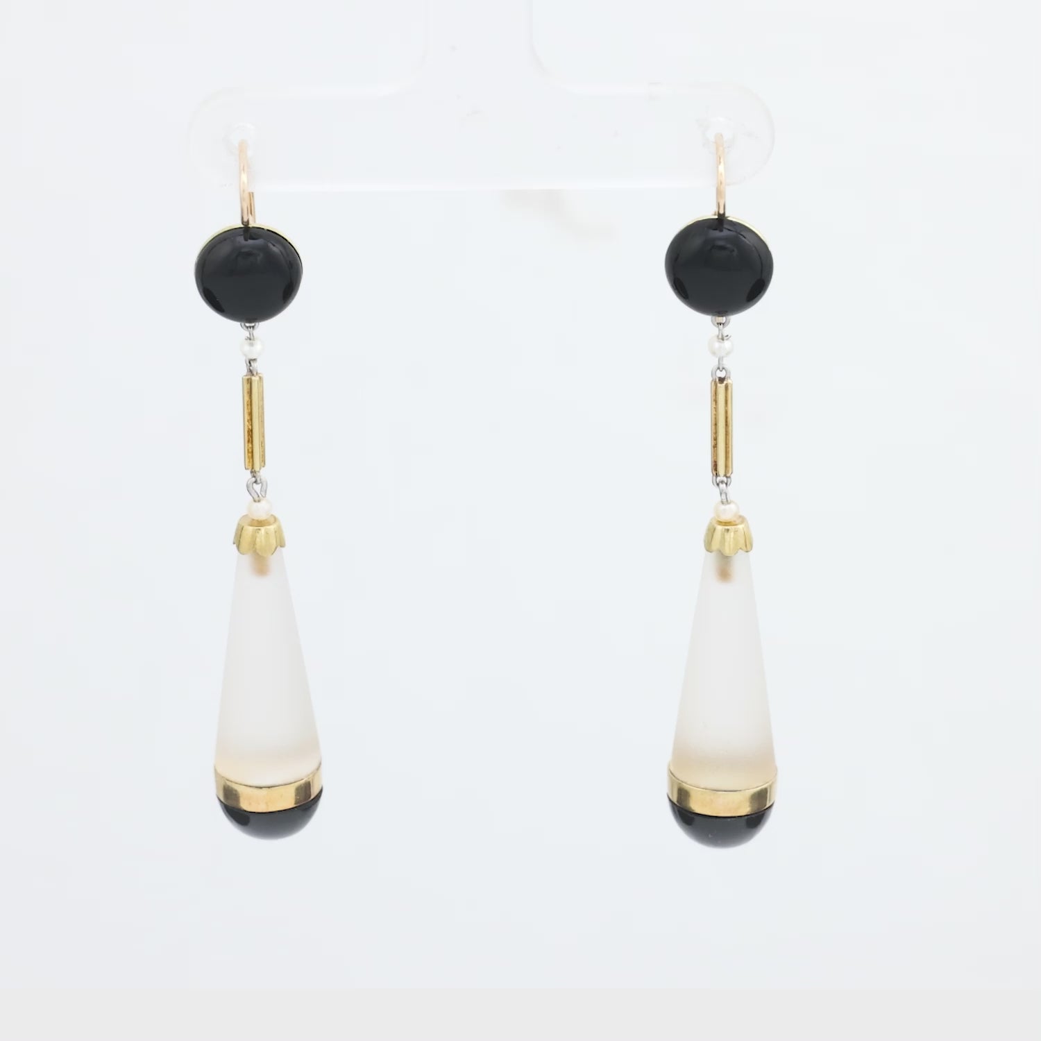 Victorian 14k Rock Quartz Crystal Onyx and Seed Pearl Drop Earrings