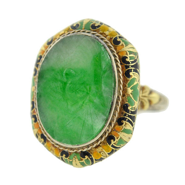 Art Deco 14kt Carved Jadeite & Enamel Ring