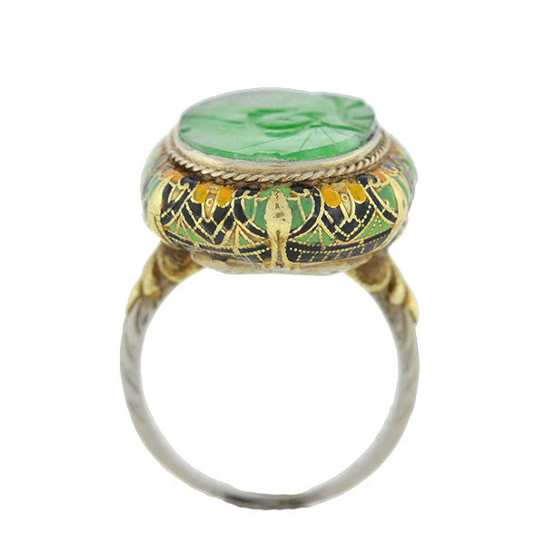 Art Deco 14kt Carved Jadeite & Enamel Ring