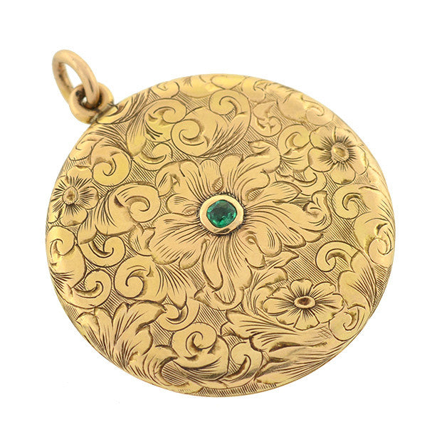 Late Victorian 14kt Etched Gold & Emerald Locket