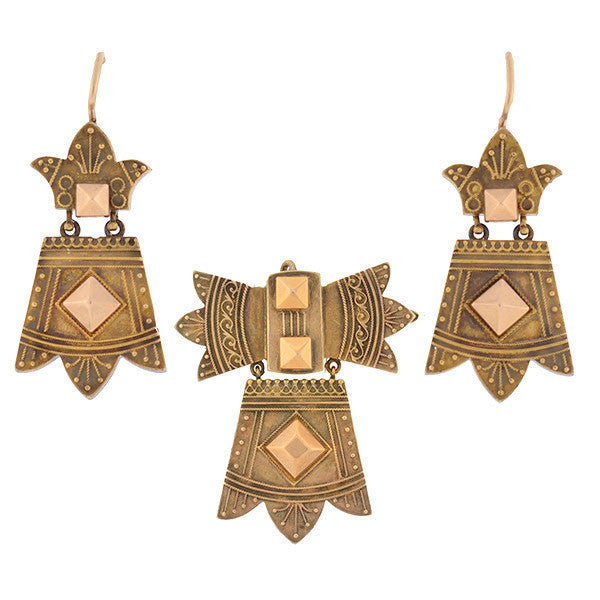 Victorian 14kt Gold Etruscan Earring & Pin/Pendant Set