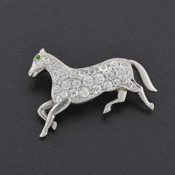 Edwardian Platinum & 14kt Diamond & Emerald Horse Pin