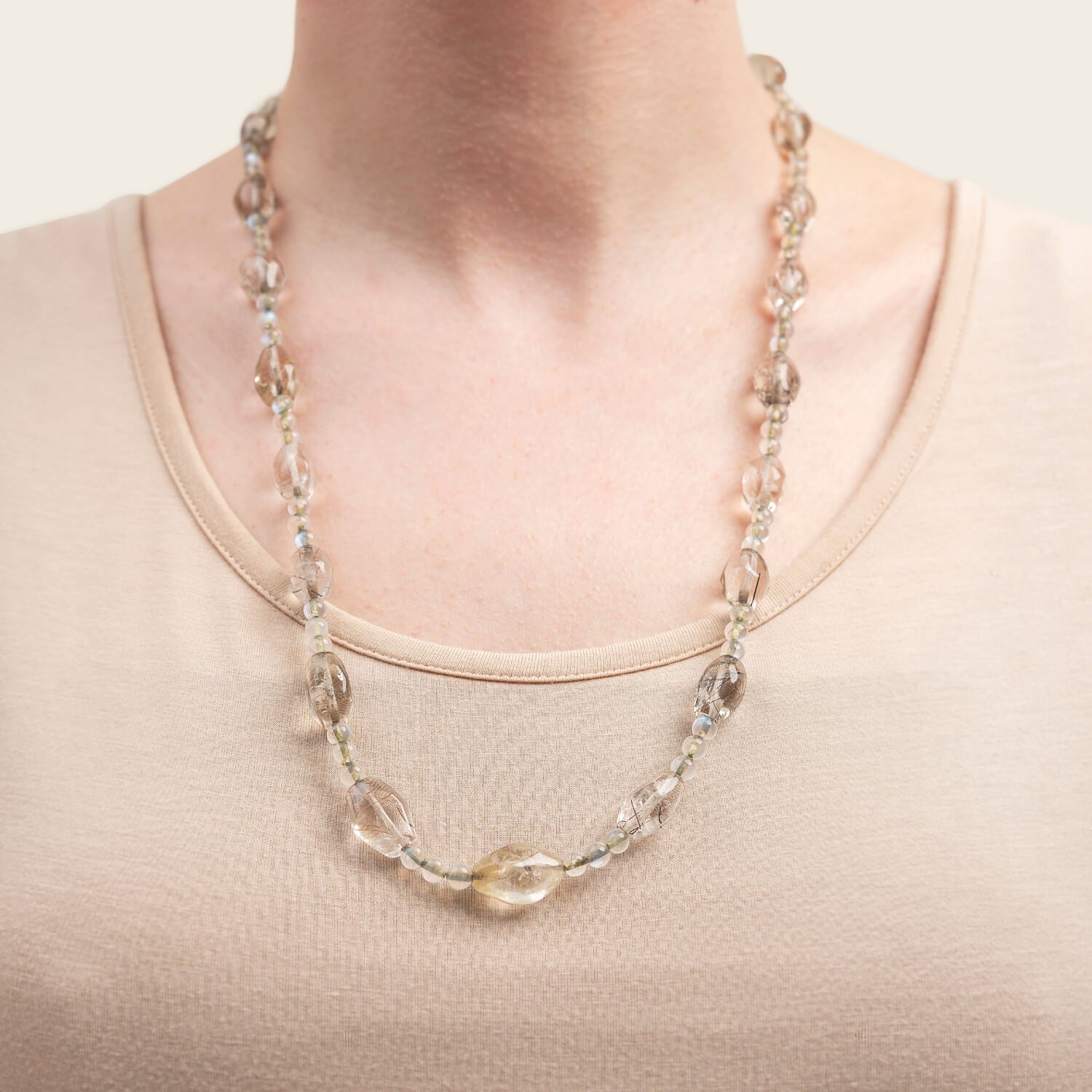 Retro Rainbow Moonstone Bead + Rutilated/Tourmalated Quartz Necklace with 14kt Clasp