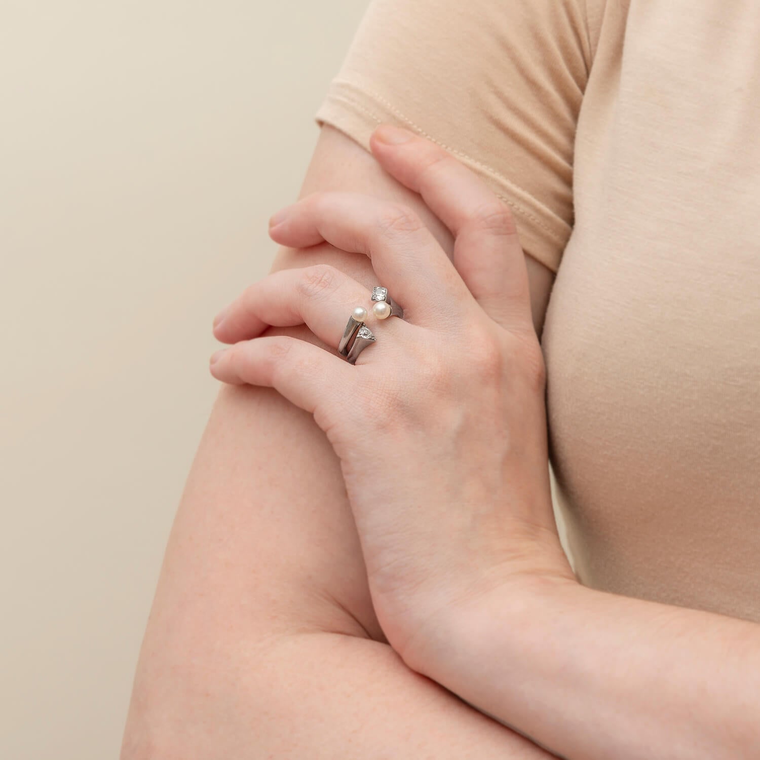 Vintage 18k Mine Cut Diamond + Cultured Pearl Arts + Crafts Ring